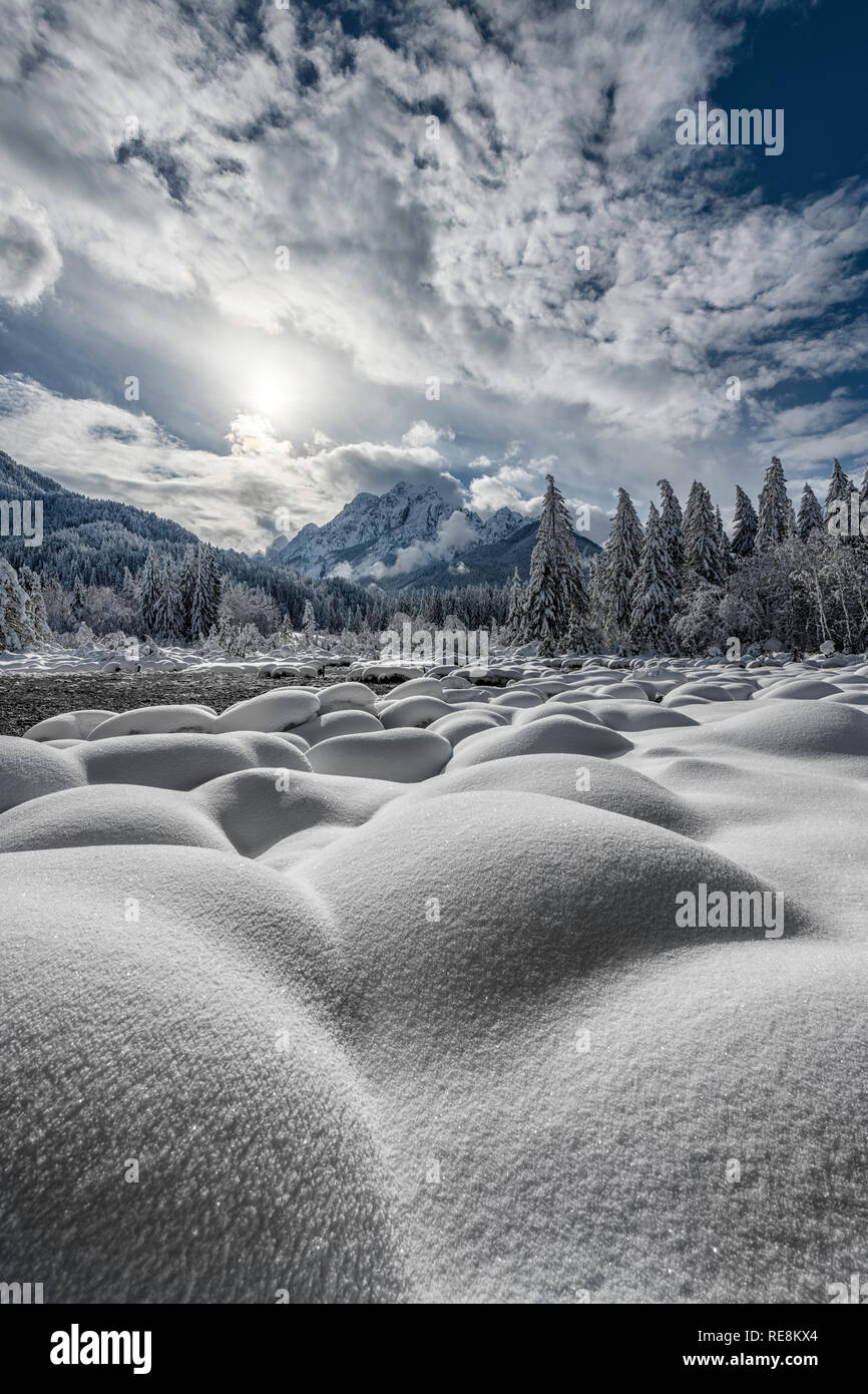 Zelenci Spring in winter, Slovenia Stock Photo