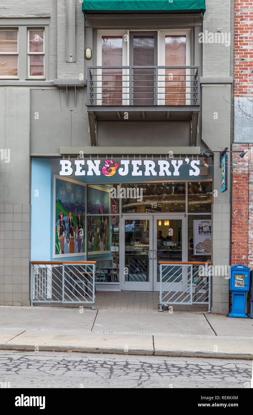 ASHEVILLE, NC, USA1/18/19 Ben & Jerry's ice cream parlor in downtown