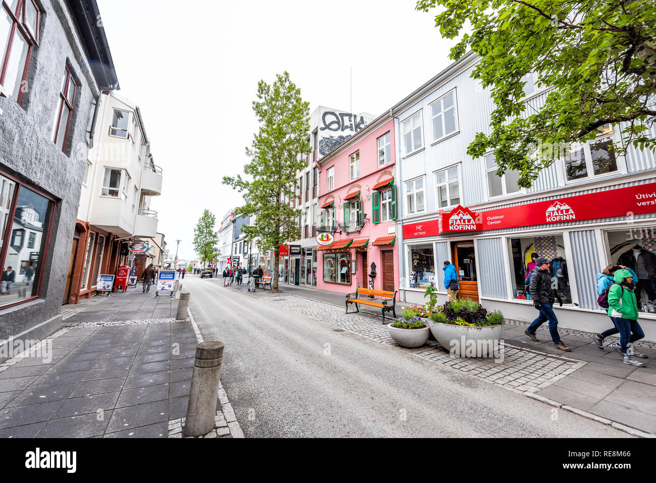 Reykjavik, Iceland June 19, 2018 Wet street road sidewalk in