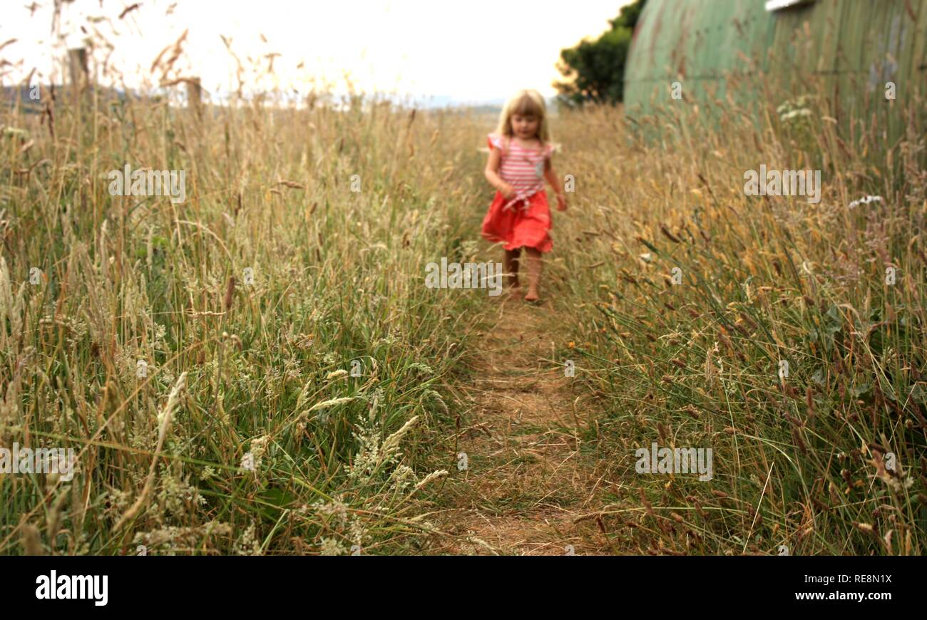 Child girl running through long grass path Stock Photo Alamy