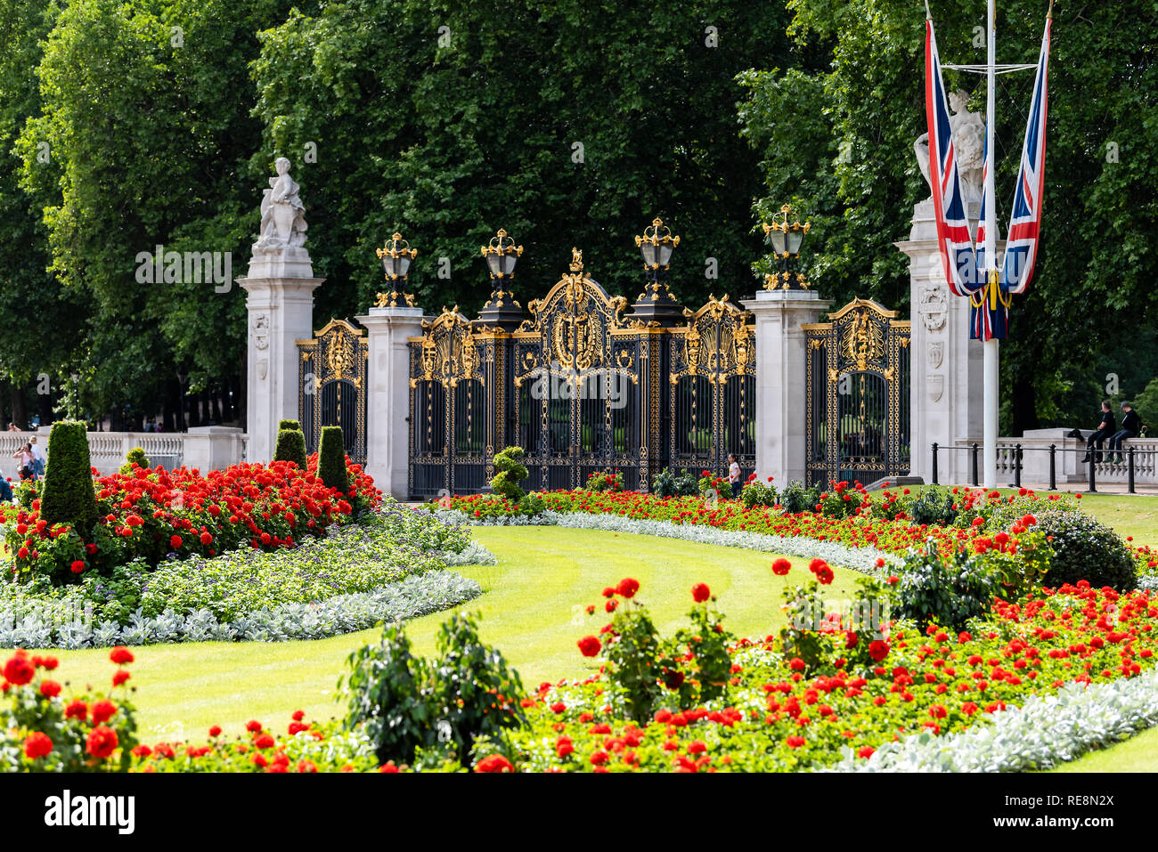 London, UK - June 21, 2018: Buckingham Palace fence gate architecture and flags during summer day with red rose flower landscaped garden Stock Photo