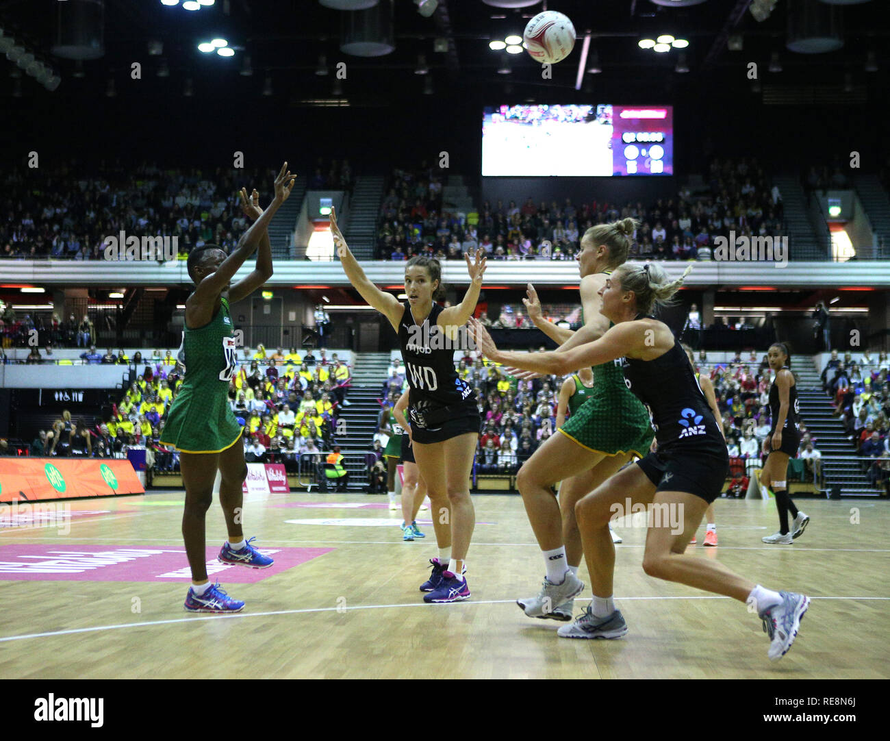 A general view of South Africa SPAR Proteas playing the New Zealand Silver Ferns during the Vitality netball International Series match at The Copper Box, London. Stock Photo