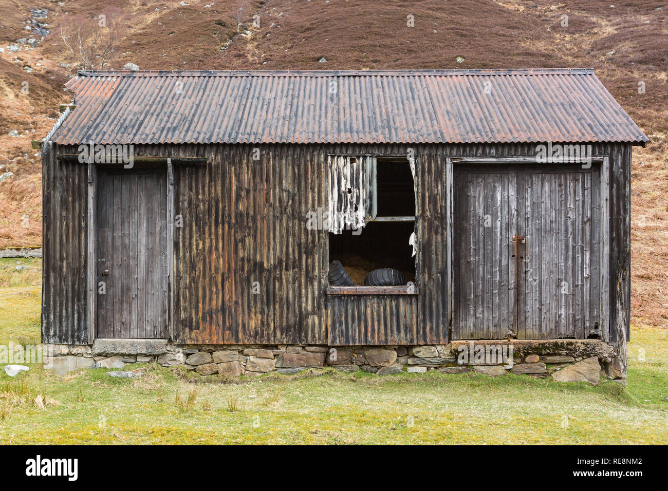 Derelict shed being used for agricultural purposes in Glen Cannich, Highland Region, Scotland Stock Photo