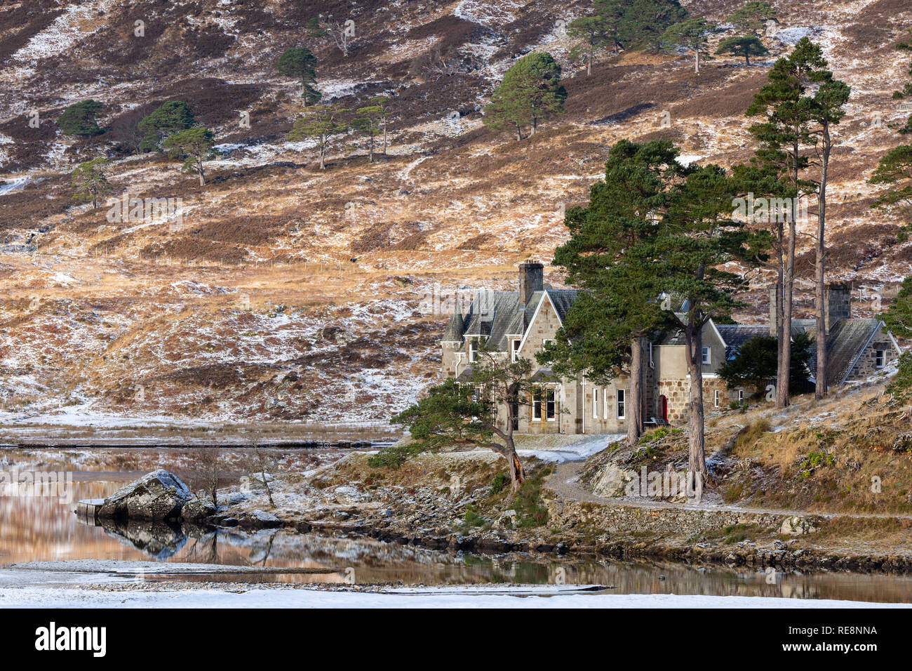 Affric Lodge in winter, Glen Affric, Highlands, Scotland. Viewed from the Affric Kintail Way. Stock Photo