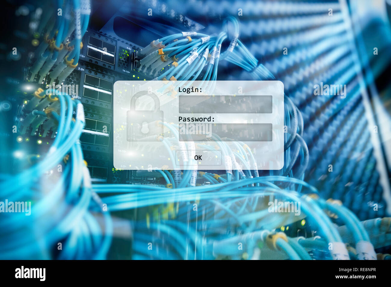 Server room, login and password request, data access and security. Stock Photo