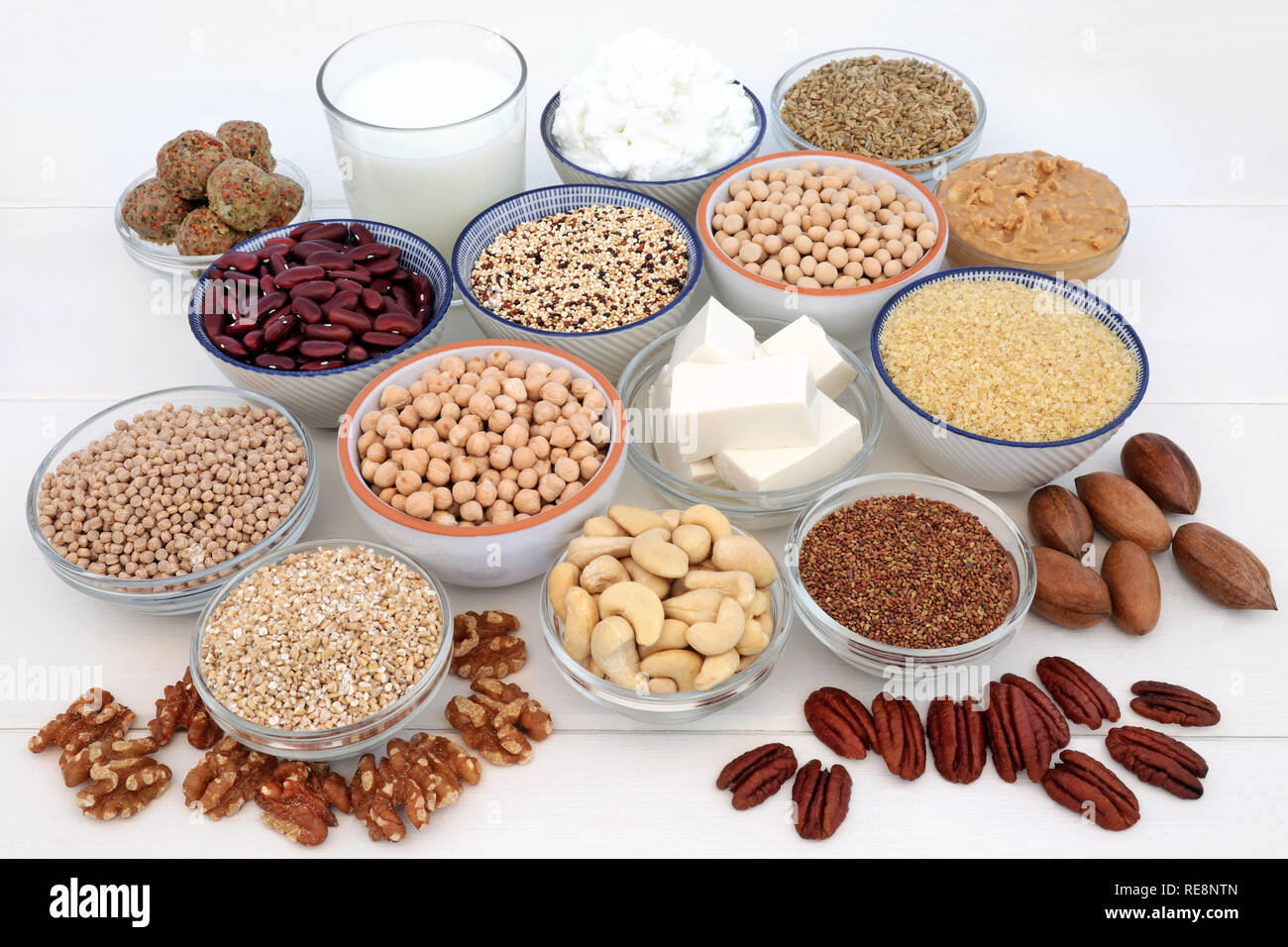 Vegan health food selection with bean curd, legumes, nuts, seeds