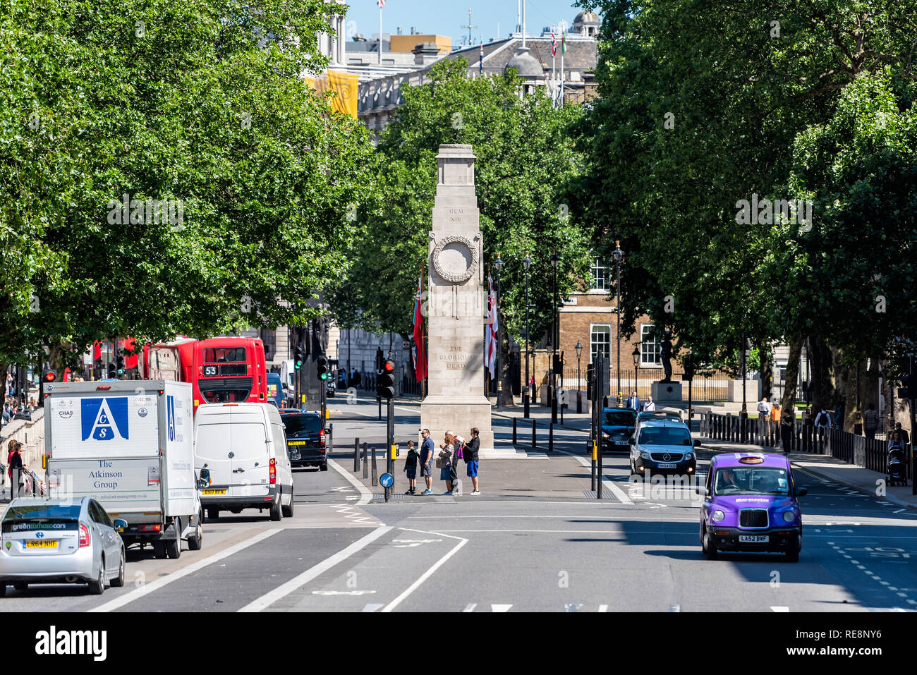 London, UK - June 22, 2018: The Glorious Dead inscription on Cenotaph in the city of Westminster with street and high angle view of cars on road Stock Photo