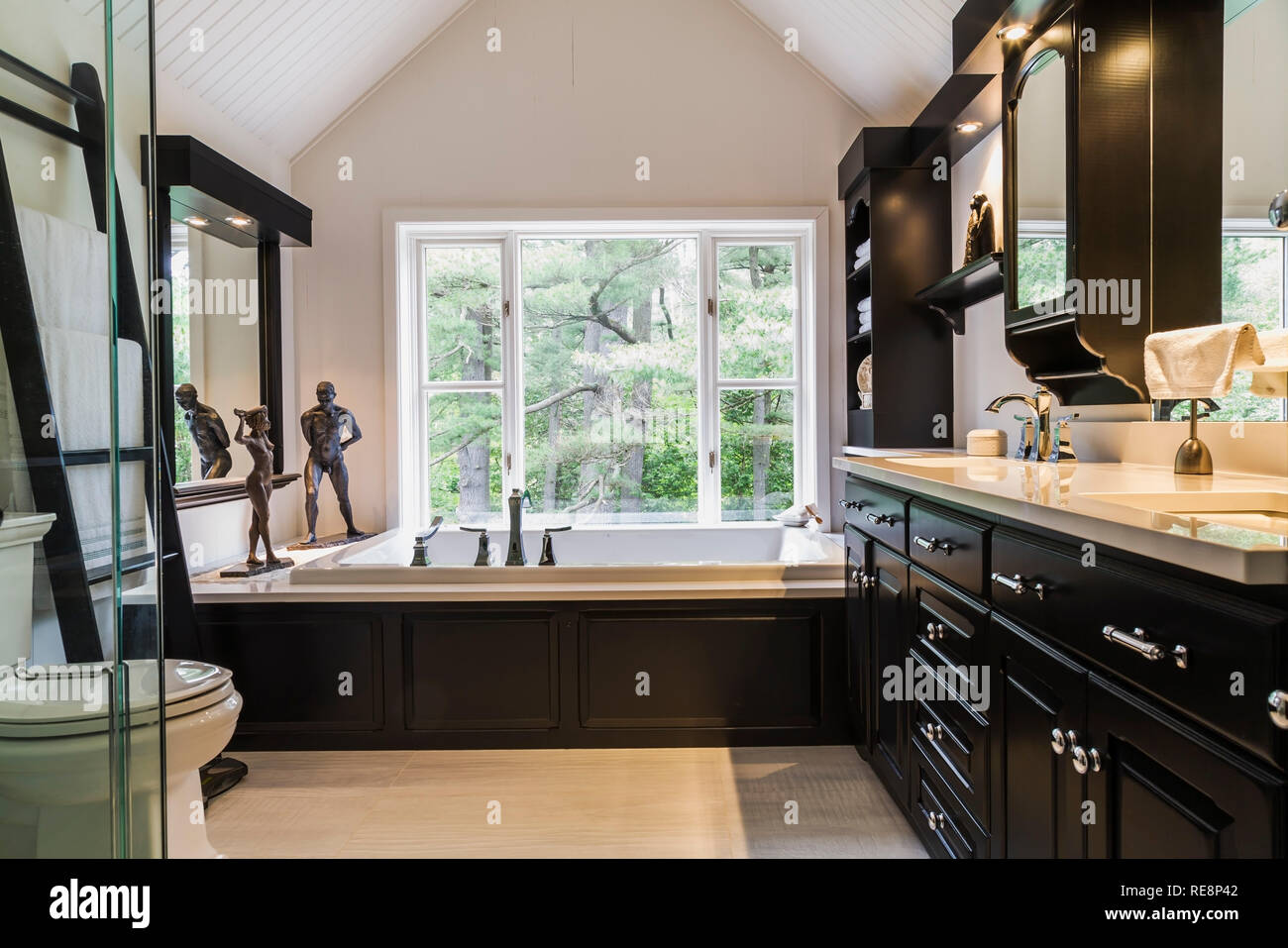 Black lacquered cabinets with corian countertop in ensuite on upper floor inside a New Hampton style home Stock Photo