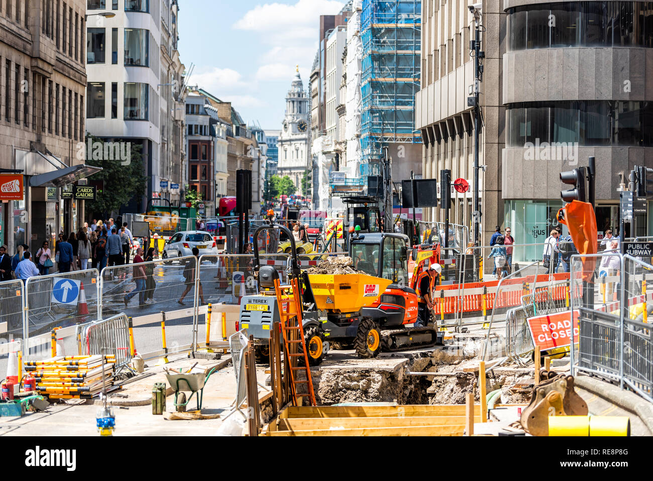 London, UK - June 22, 2018: High angle view of road construction site in city on Ludgate Hill or Fleet street Stock Photo