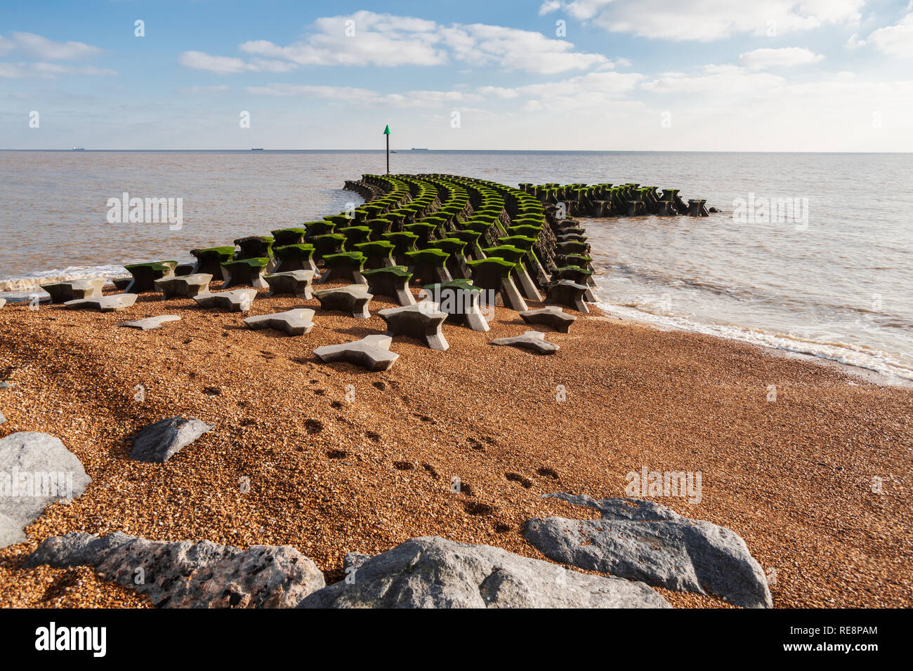 view of sea defences, concrete breakwaters at cobbolds point felixstowe