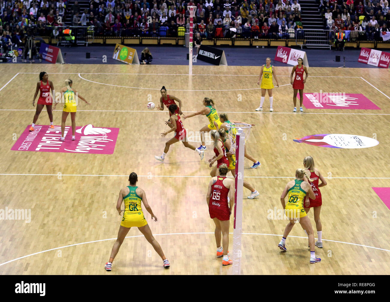 A general view of the England Vitality Roses playing the Australian Diamonds during the Vitality Netball International Series match at The Copper Box, London. Stock Photo
