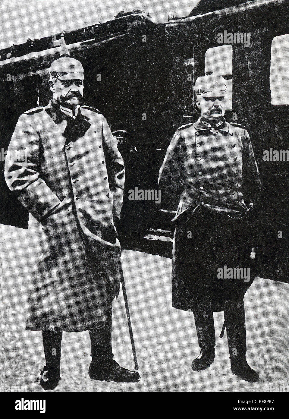 Pictured here in this photo that dates to World War I are Hindenburg and Ludendorff, the  commanders of the German Armies on the Western Front. Erich Ludendorff was a German general and was vitorious in the Battle of Liege and Battle of Tannenberg. He and Hindenberg led the war efforts of the First World War, but the failure of the Spring Offensive in 1918 led to his ousting later that year. Paul von Hindenburg commanded the German military during the second half of World War I and, in 1925, was elected President of the Weimar Republic. He appointed Adolf Hitler chancellor in 1933. The zeppeli Stock Photo