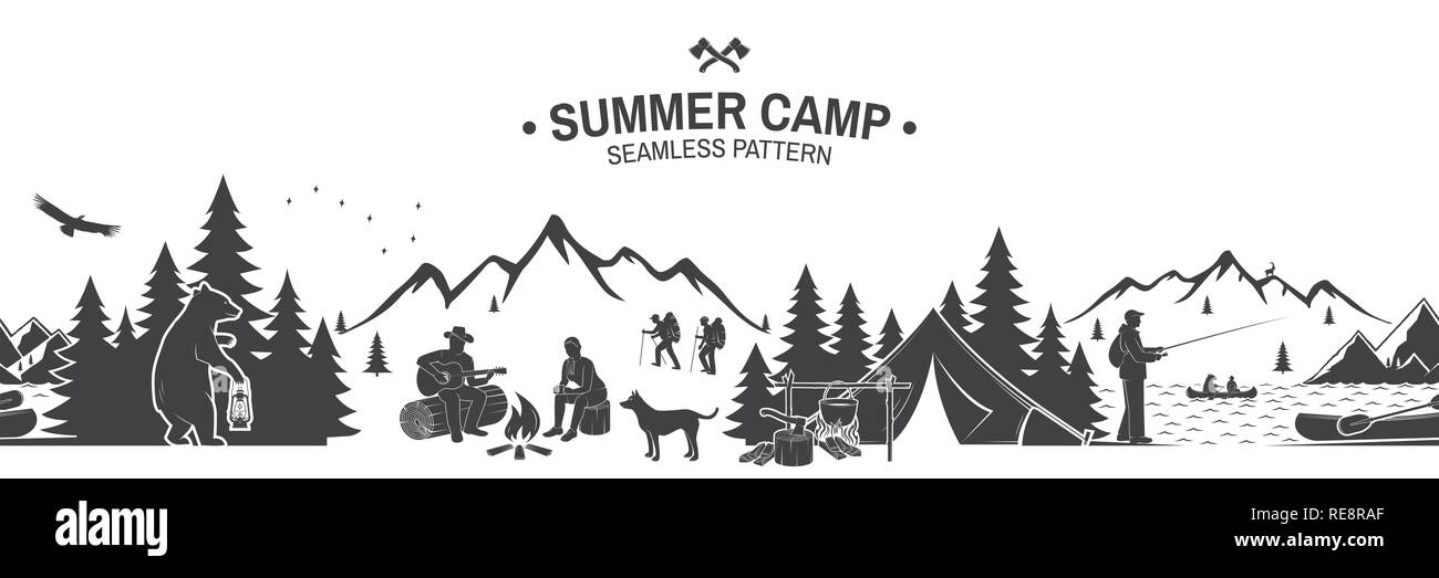Summer camp seamless pattern. Vector illustration. Outdoor adventure background for wallpaper or wrapper. Seamless scene with mountains, bear, dog, girl, man with guitar sitting around campfire. Stock Vector