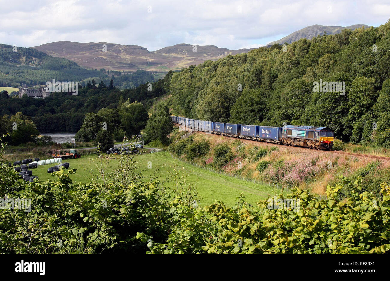 DRS 66422 passes Pitlochry with a Tesco Express service from Inverness to Grangemouth. Stock Photo