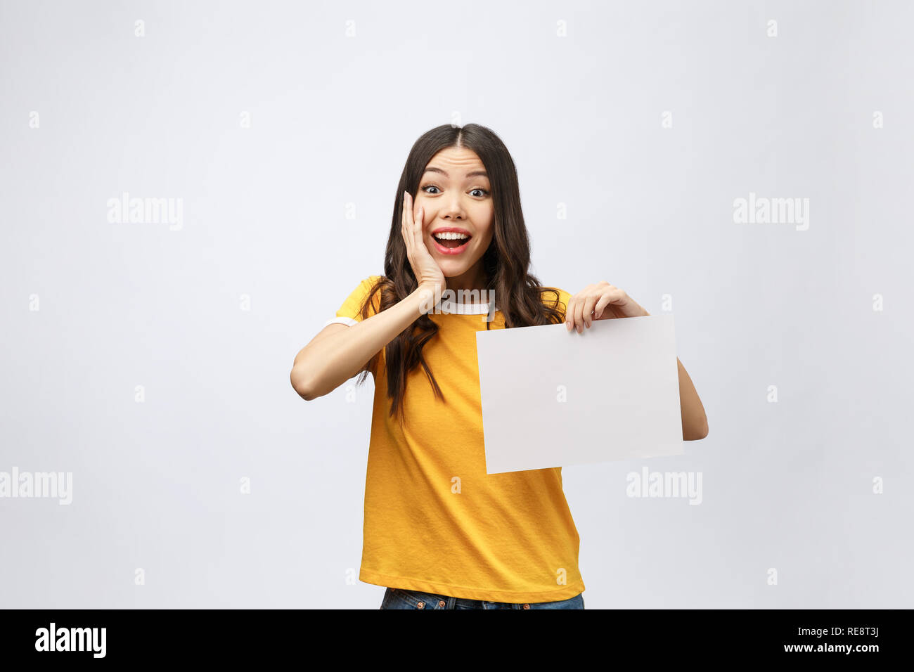 advertising banner sign - woman excited pointing looking empty blank ...