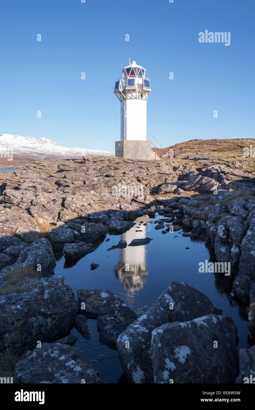 The Rhue lighthouse near Ullapool on the Scottish west coast of the Atlantic, Wester Ross, Scotland, United Kingdom Stock Photo