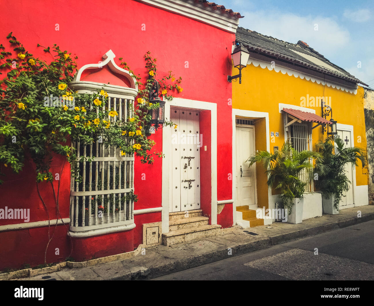 Cartagena, Colombia - march 2019: Street scene and colorful building facades of  old town in  Cartagena , Colombia Stock Photo