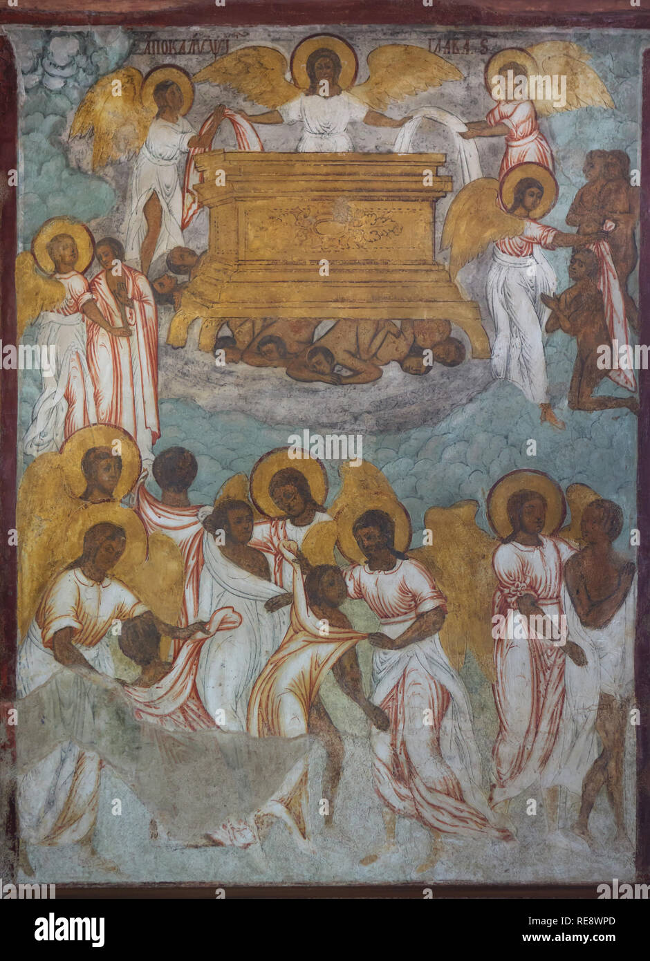 Opening of the Fifth Seal. Fresco by Russian icon painters Gury Nikitin and Sila Savin (1680) in the west gallery (papert) of the Church of Elijah the Prophet in Yaroslavl, Russia. The souls of martyrs for the Word of God are depicted given white robes. Stock Photo