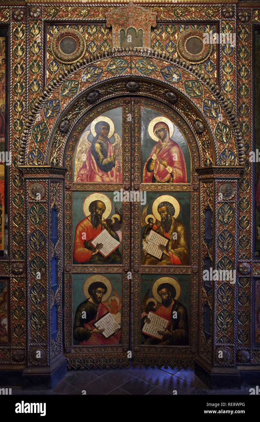 Royal doors of the iconostasis of the Intercession Chapel of the Church of Elijah the Prophet in Yaroslavl, Russia. Stock Photo