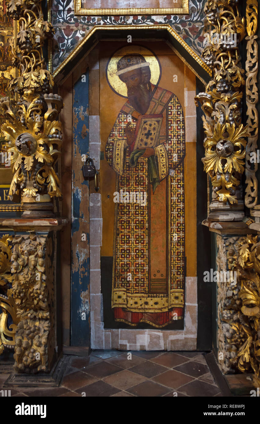 Metropolitan Jonas Sysoevich of Rostov and Yaroslavl (Iona III Sysoevich) depicted on the deacon's door of the iconostasis of the Church of Elijah the Prophet in Yaroslavl, Russia. Stock Photo