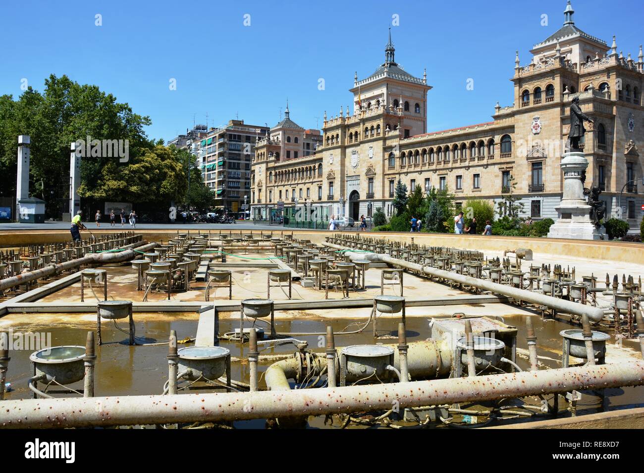 a dry fountain full of pipes and spotlights Stock Photo