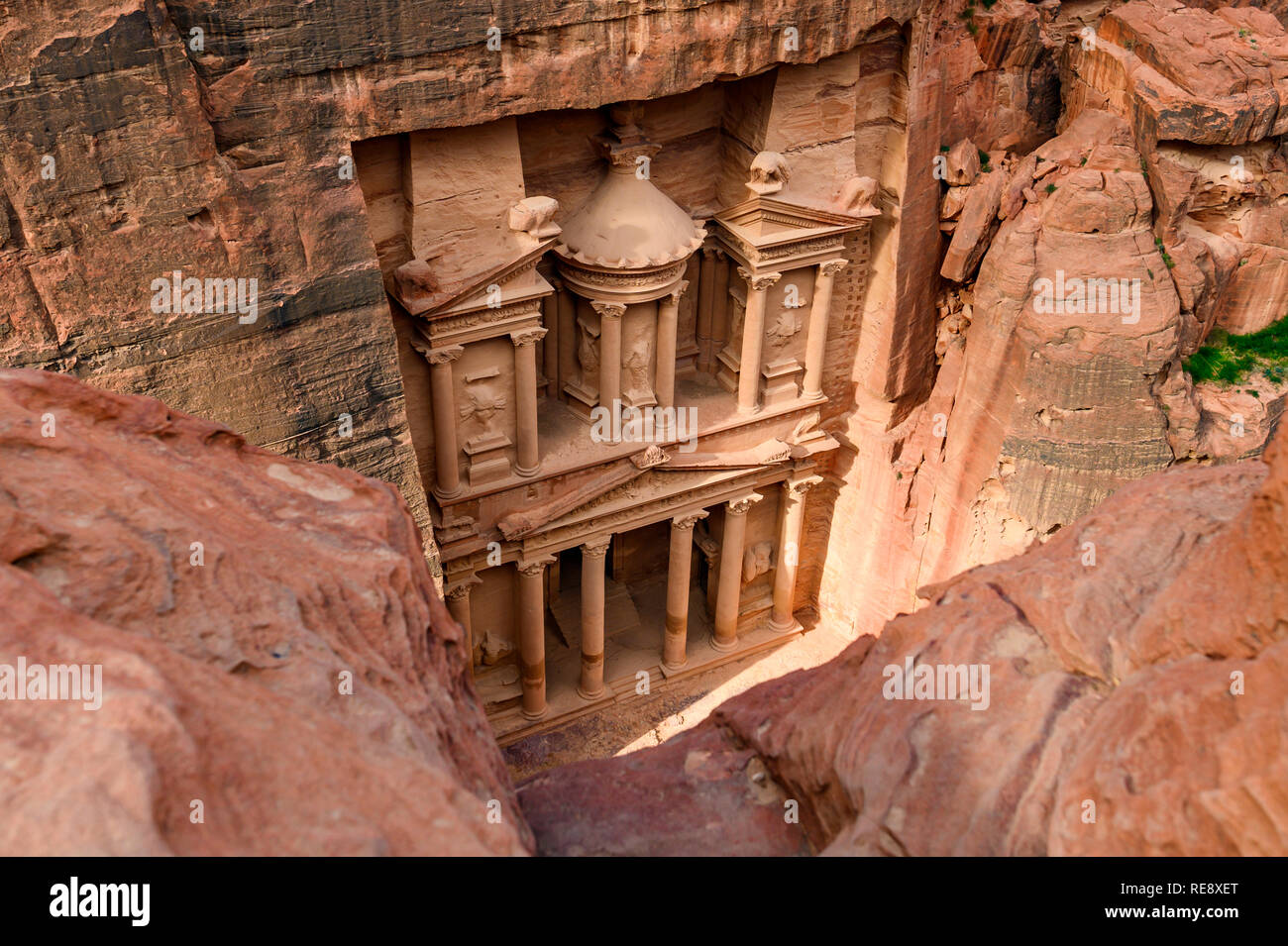 Aerial view of the spectacular Al Khazneh (The Treasury) in Petra. Petra is a historical and archaeological city in southern Jordan. Stock Photo