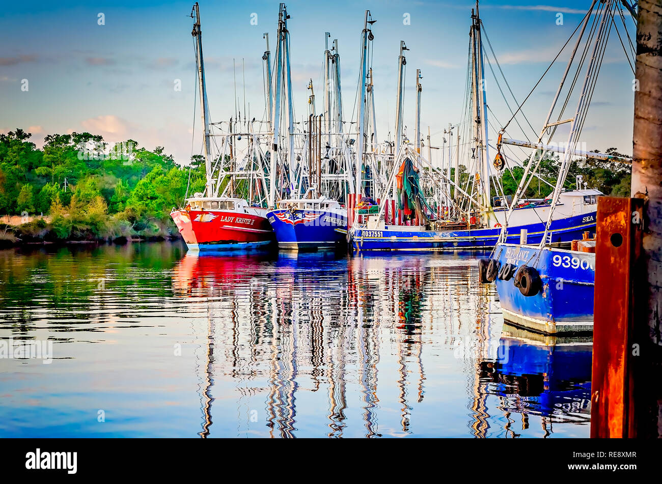 Shrimp boats are docked, Dec. 23, 2018, in Bayou La Batre, Alabama. Stock Photo