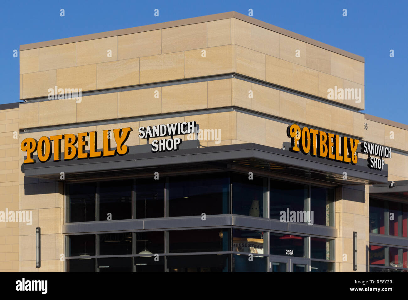 WOODBURY, MN/USA - JANUARY 19, 2019: Potbelly Sandwich Shop exterior sign and logo. Potbelly Corporation is a publicly traded restaurant chain that se Stock Photo