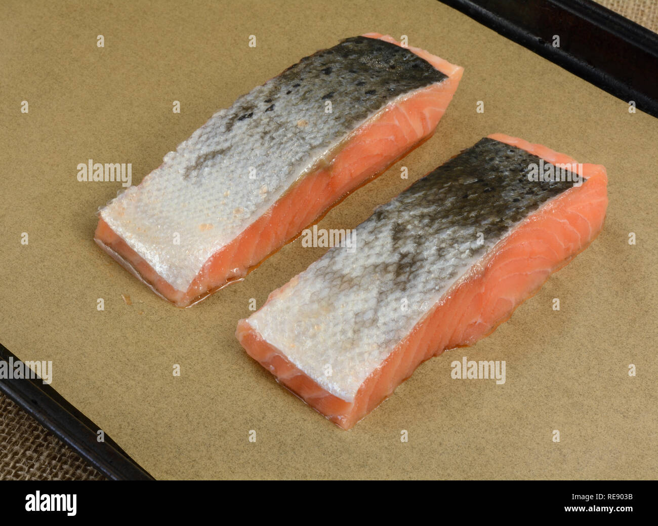 Two cuts of fresh raw salmon fillets on parchment paper on baking sheet