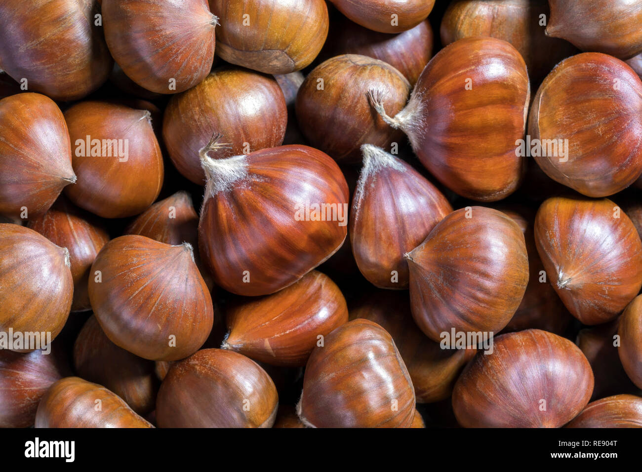 Pile of raw edible chestnuts, background, closeup, top view Stock Photo Alamy