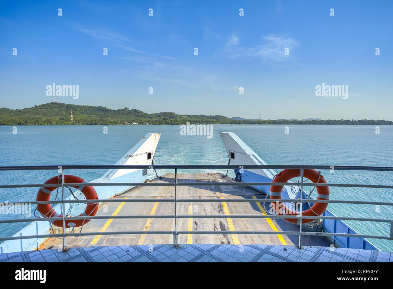 Ferry with life rings in blue sky day, Koh Chang, Trad, Thailand. Stock Photo