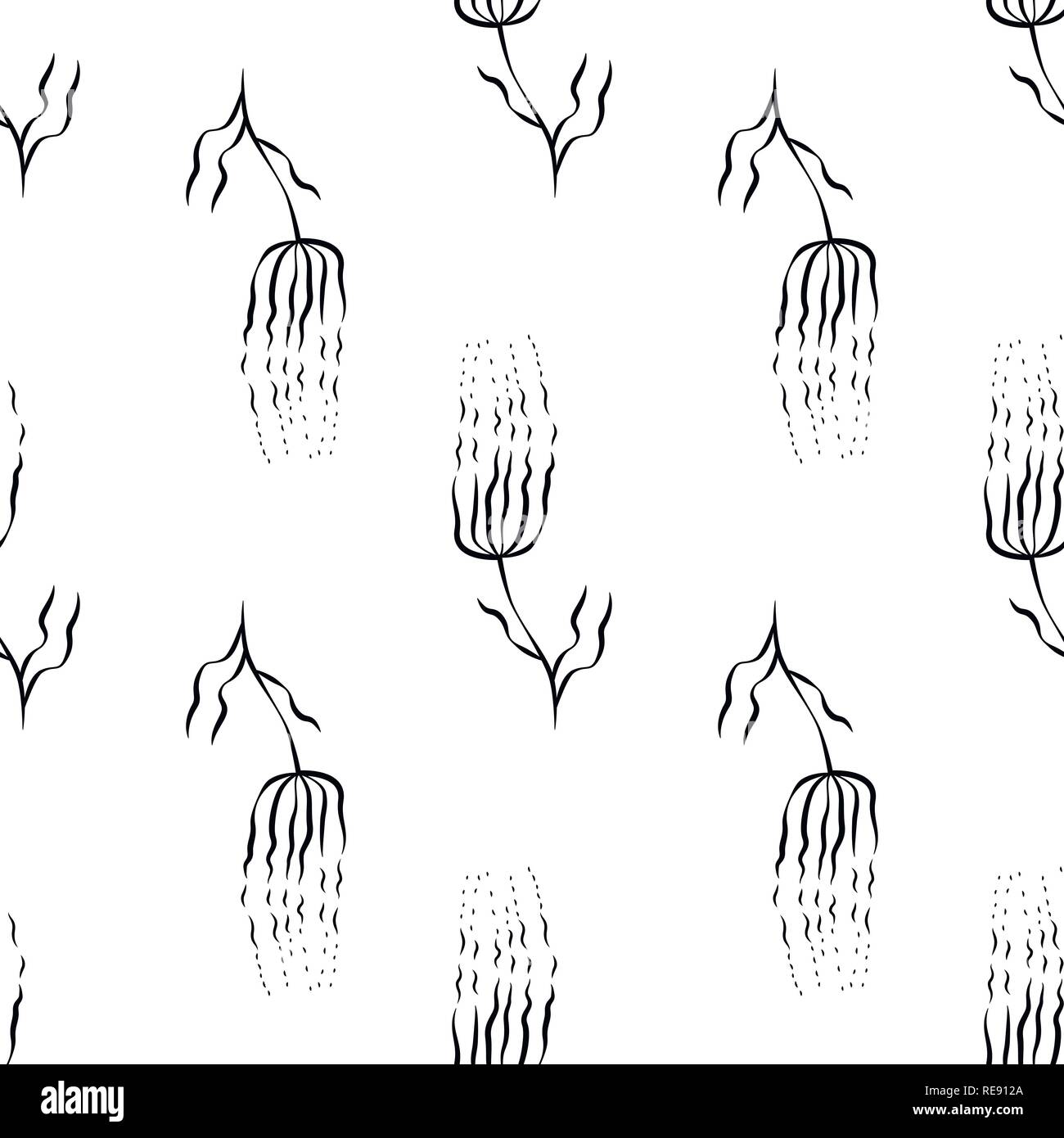 Abstract flowers with thin petals. Seamless pattern. Black on white background Stock Vector