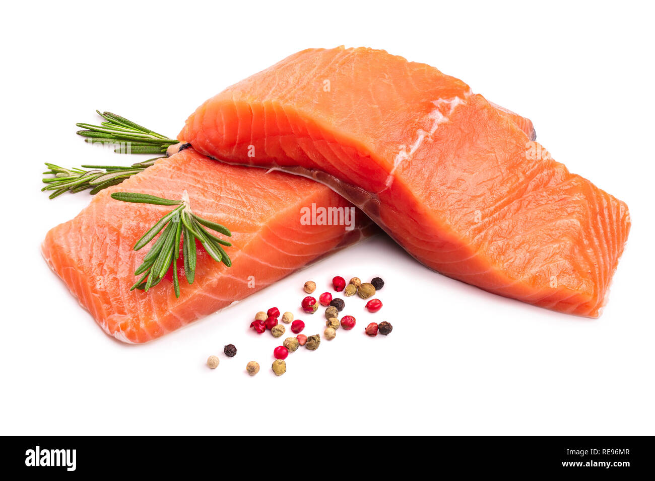 fillet of red fish salmon with rosemary isolated on white background Stock Photo