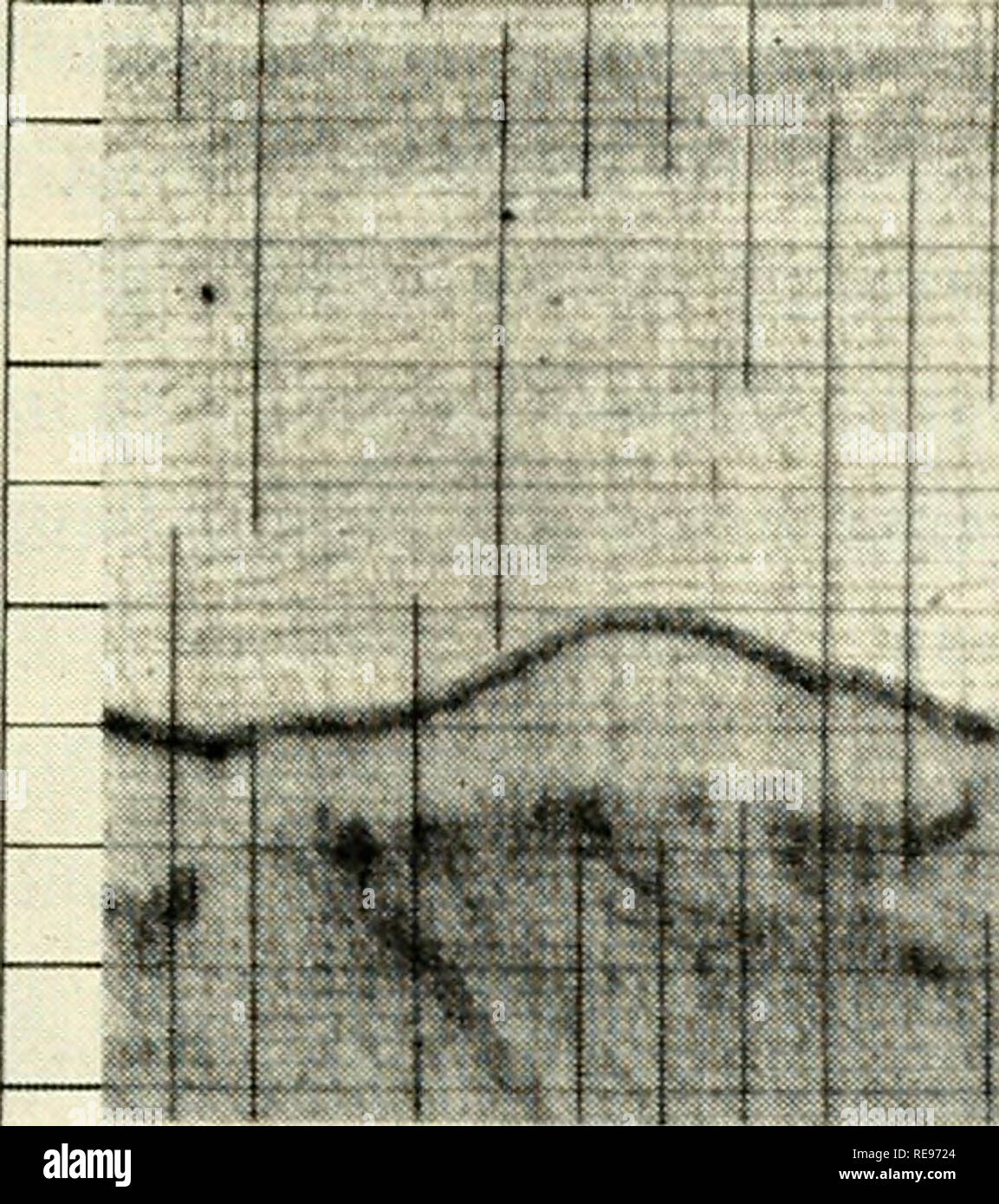 . The Earth beneath the sea : History. Ocean bottom; Marine geophysics. SECT. 1] CONTINUOUS BEFLECTION PROFILING 63 5.0 SECONDS TRAVEL TIME 6,0 7.0. (Sh»&gt;W#^  ps**^ t«4,-4 -+&quot;:^Tir^-4r.t^'5f-«k. t 1 i 1 i Ml 5.0 6 0 7.0 1 2 3 APPROX SCALE NAUTICAL MILES P'ig. 14. Portion of a profile about 90 miles bearing 256°T from Bermuda, on the Bermuda Rise. Source : 25,000 joule sparker Receiver: 40 ft, five-element hydrophone array Towing speed: about 5 knots Analysis filter: 100-200 c/s band-pass SECONDS TRAVEL TIME 7.0 8.0 .*.CJ . ' ,.0. Please note that these images are extracted from scann Stock Photo