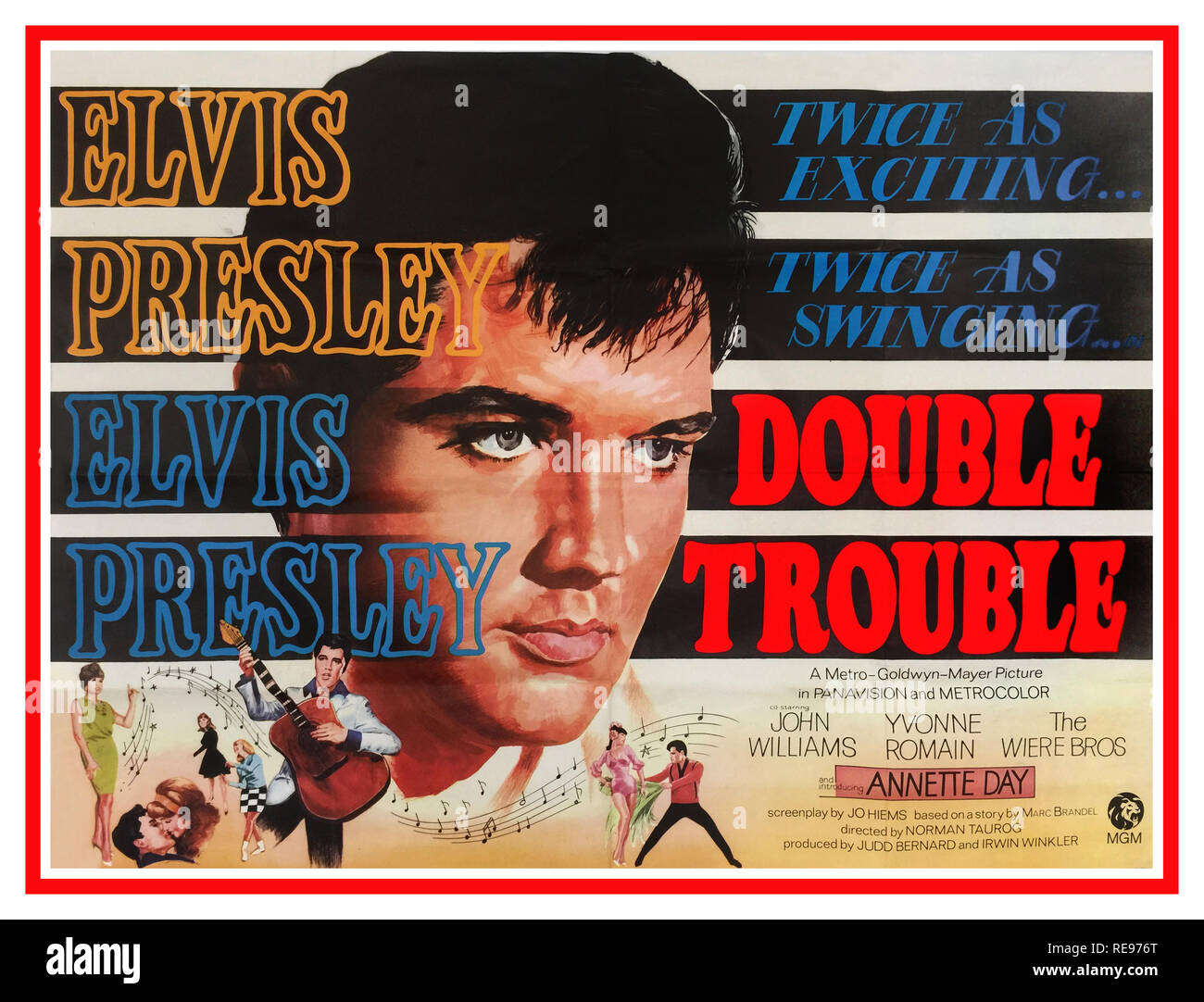 Vintage ELVIS PRESLEY MOVIE POSTER Double Trouble a 1967 American musical film starring Elvis Presley. The comedic plot concerns an American singer who crosses paths with criminals in Europe. StarringElvis Presley Annette Day Yvonne Romain The Were Bros John Williams Directed By Norman Taurog and produced by MGM Stock Photo