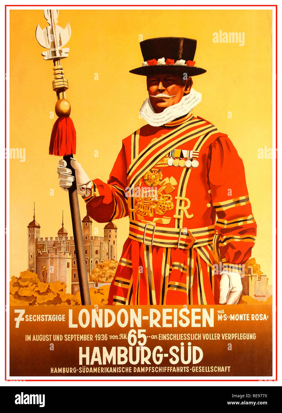 Vintage LONDON 1930’s German REISEN travel poster advertising Seven Day London Travel with M.S. Monte Rosa in August and September 1936 from RM 65 full catering included Hamburg-South Hamburg South America Steamship Company / 7 Sechstagige London-Reisen. Design by the German painter and graphic artist Ottomar Anton (1895-1976) featuring a Beefeater (Yeoman Warder) standing in front of trees and the Tower of London wearing the traditional red and gold coated uniform with medals on his chest. Pre-War Germany 1936. Designer: Ottomar Anton. Stock Photo