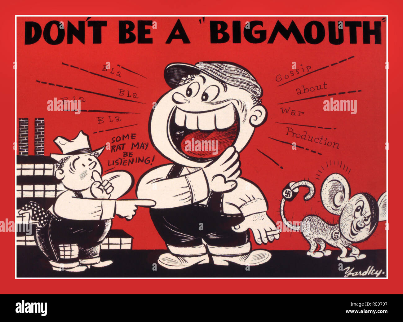Vintage UK  WW2 Propaganda Poster Office for Emergency Management. War Production Board. ‘Don't be a bigmouth’ Adolf Hitler caricatured as a rat with big ears... circa 1942 Stock Photo