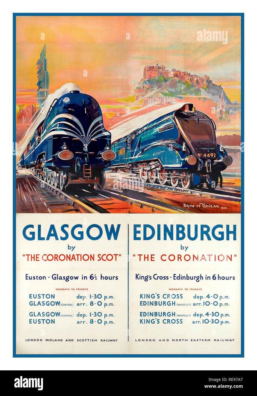 Vintage 1930's Steam Railway Poster promoting Two Rail services to London, one from Glasgow via The Coronation Scot to Euston and the other, Edinburgh via The Coronation to Kings Cross in around 6 hours Stock Photo