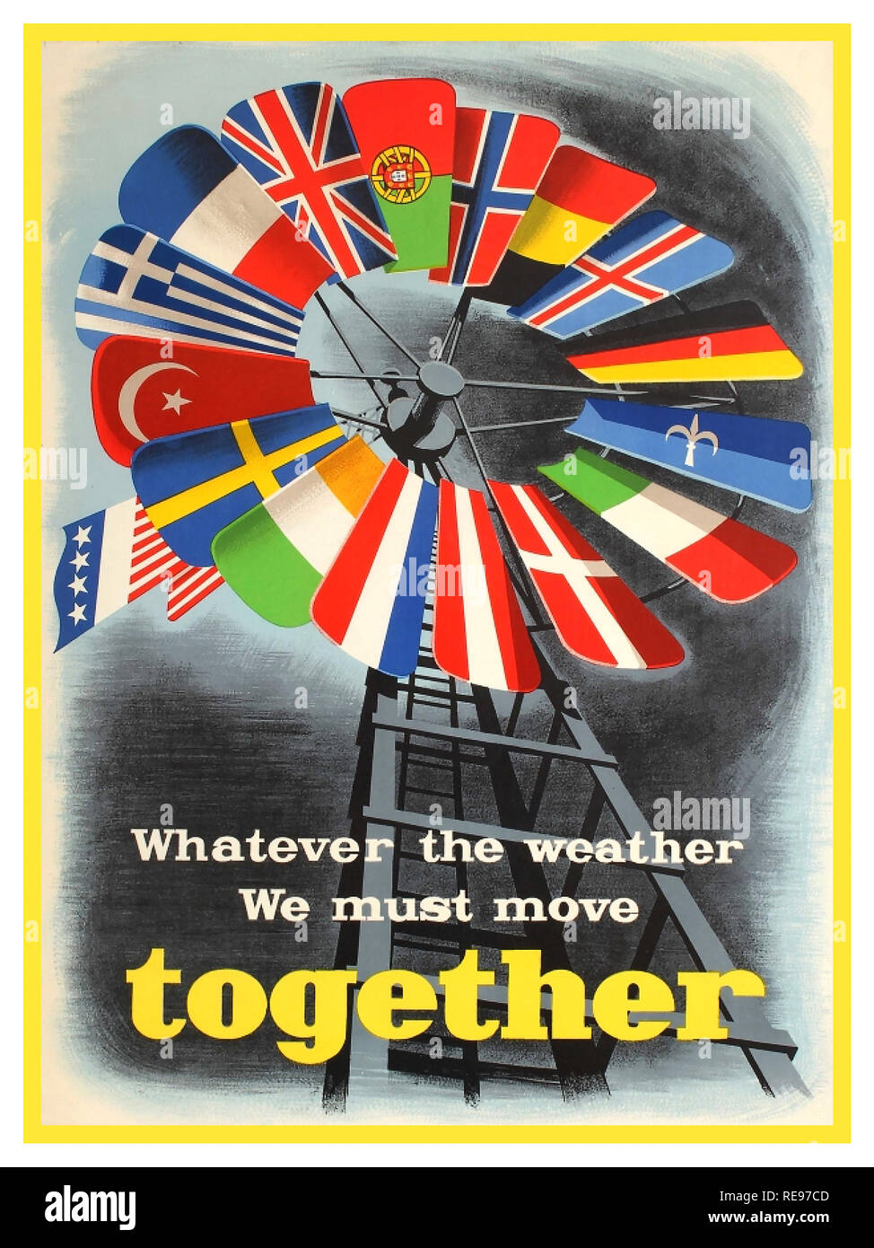 Marshall Plan Vintage propaganda poster for the post-war US sponsored European Recovery Program (1948) known as the Marshall plan - ‘Whatever the weather we must move together.’ Artwork design against a grey shaded background by I. Spreekmeester depicting a windmill with blades representing the flags of countries participating in the Marshall Plan with the American flag at the helm of the mill. This design received a Prize in the Intra-European Cooperation for a Better Standard of Living poster competition on the theme of cooperation and economic recovery held in post war Europe Stock Photo