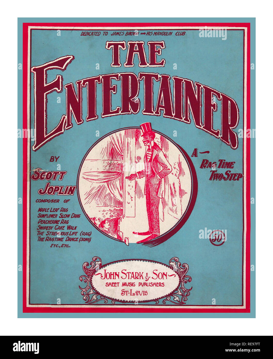 SCOTT JOPLIN Vintage Sheet Music Front Cover for 'The Entertainer'  a 1902 classic piano rag written by Scott Joplin It was sold first as sheet music, and in the 1910s as piano rolls that would play on player pianos. The first recording was by blues and ragtime musicians, the Blue Boys in 1928, played on mandolin and guitar  As one of the classics of ragtime, it returned to international prominence as part of the ragtime revival in the 1970s, when it was used as the theme music for the 1973 Oscar-winning film The Sting. Stock Photo