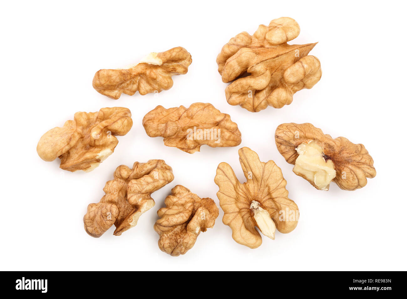 peelled Walnuts isolated on white background. Top view. Flat lay Stock Photo
