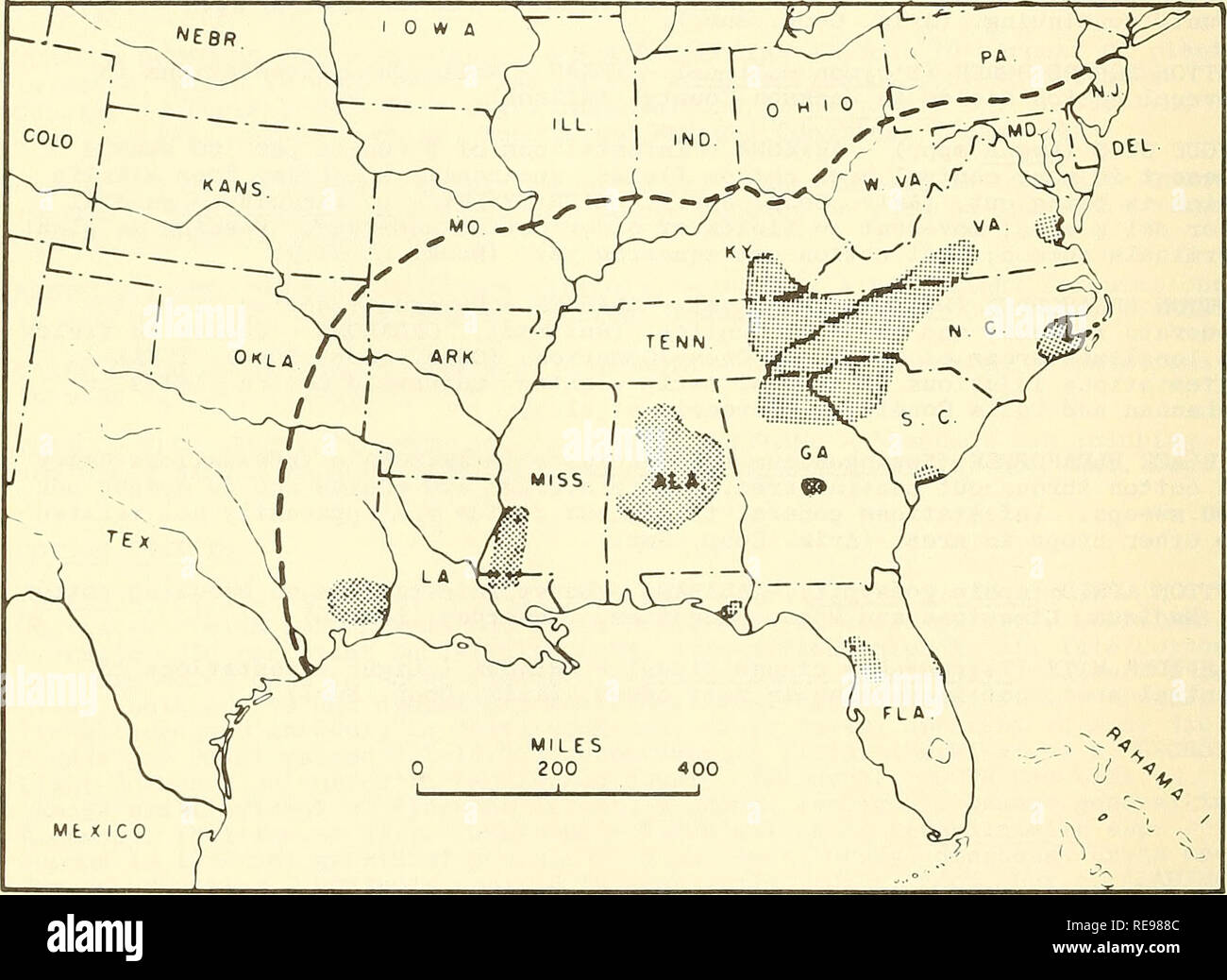 . Cooperative economic insect report. Beneficial insects; Insect pests. - 510 DISTRIBUTION OF SOUTHERN PINE BEETLE (Dendroctoaus frontalis Zimm.) IN THE UNITED STATES. NOTE: Shaded parts indicate known outbreak areas occurring since 1948. Dashed line denotes the range of the beetle. From Forest Pest Leaflet 49, October 1960. Forest Service, U. S. Dept. of Agriculture. Please note that these images are extracted from scanned page images that may have been digitally enhanced for readability - coloration and appearance of these illustrations may not perfectly resemble the original work.. United S Stock Photo