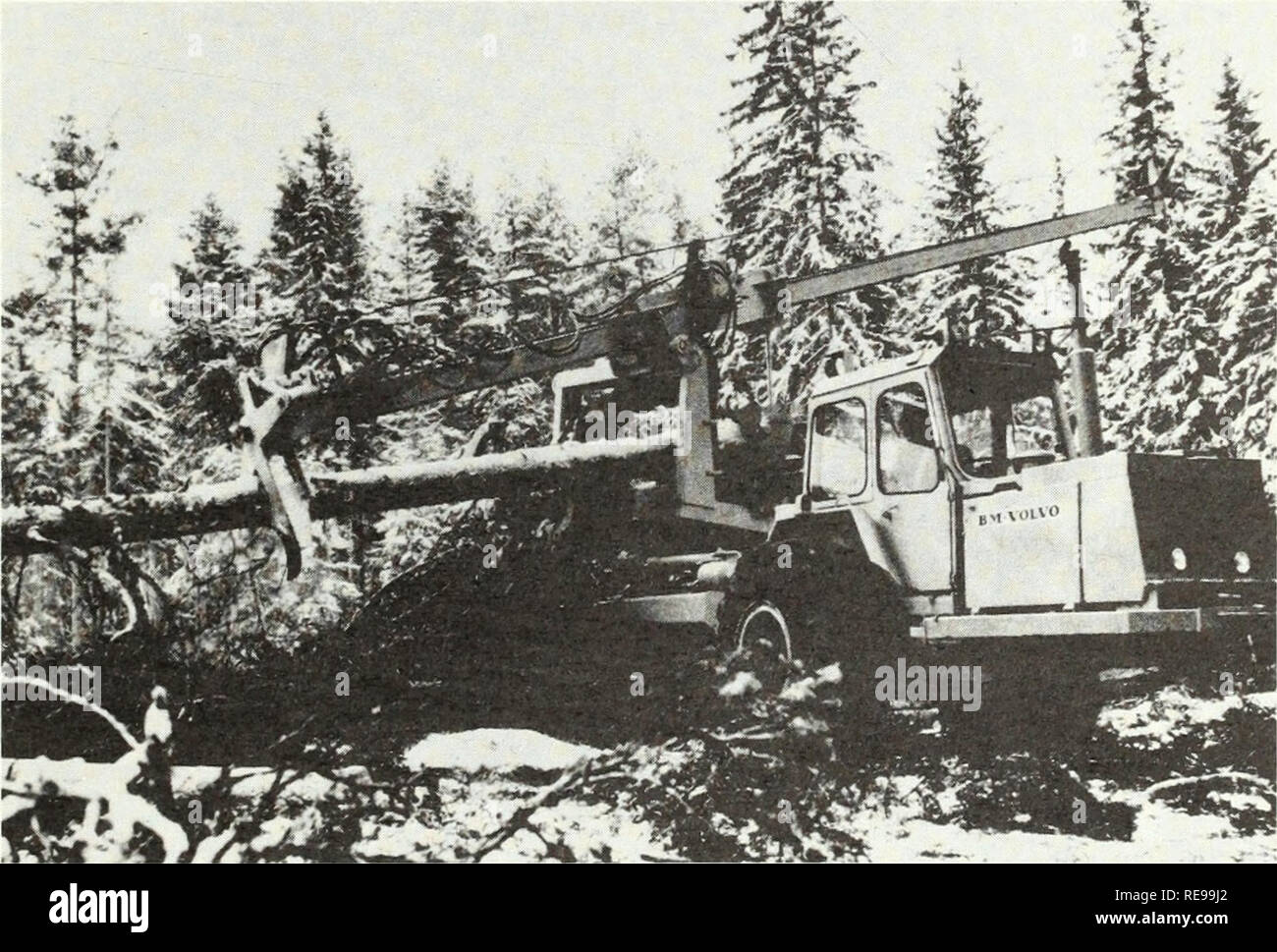 . Converting forest residue to structural flakeboard : the fingerling concept. Particle board; Wood waste Recycling. Figure 13.—Drott Feller-Bunaher, Model 40 LC. The tree is severed at the base by the shear3 and controlled for bunching by the locking arm.. Figure 14.—BM Volvo SM-880 Processor. The felled tree is grappled and returned to the holding arm. On the return travel of the boom for the next tree, the tree in the holding arm is prelimbed by the knives on the edge of the grapple arms; the tree is then automatically transferred to the limber feed rolls and pulled through two wraparound,  Stock Photo
