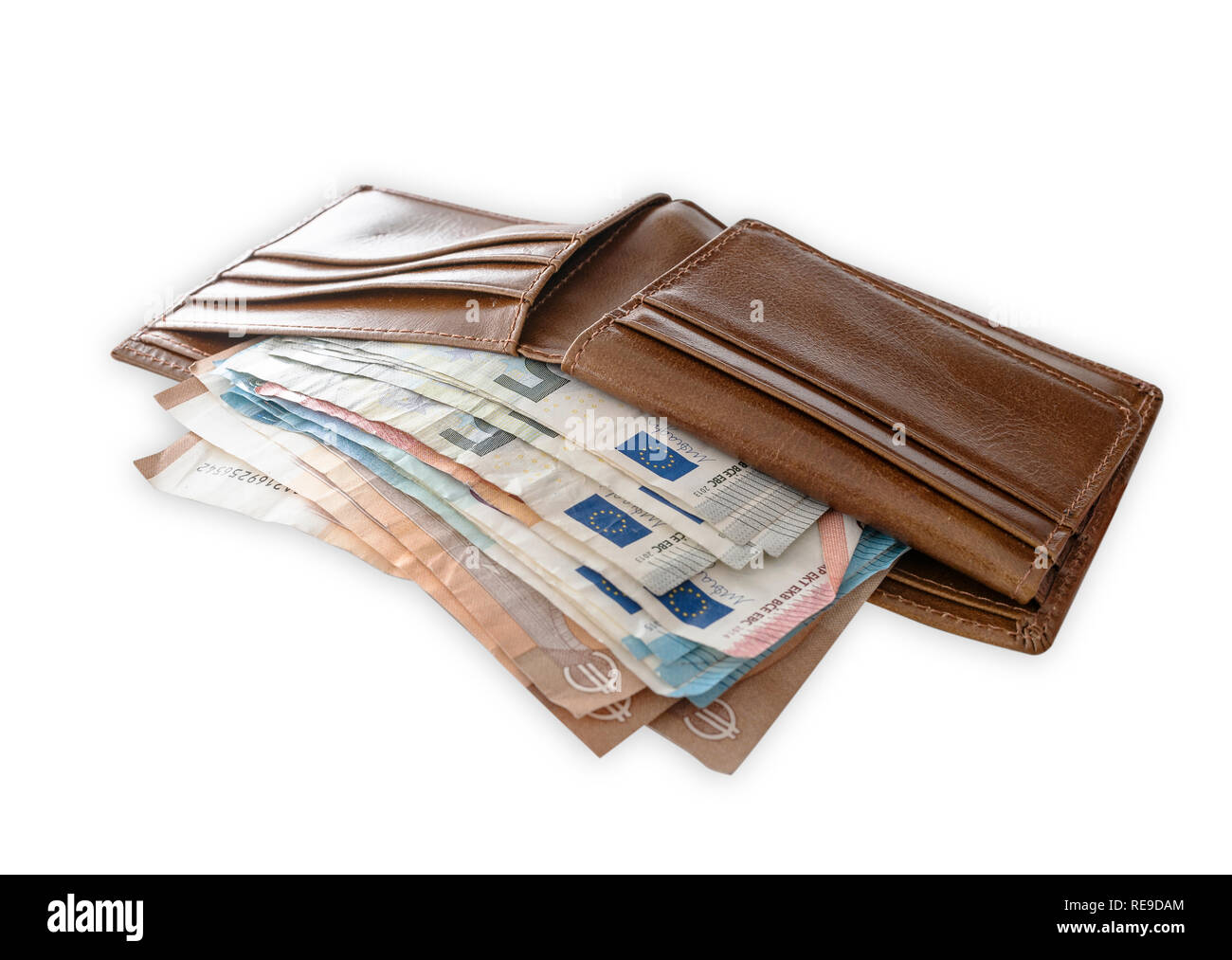 high angle view of cash in leather wallet on white background Stock Photo