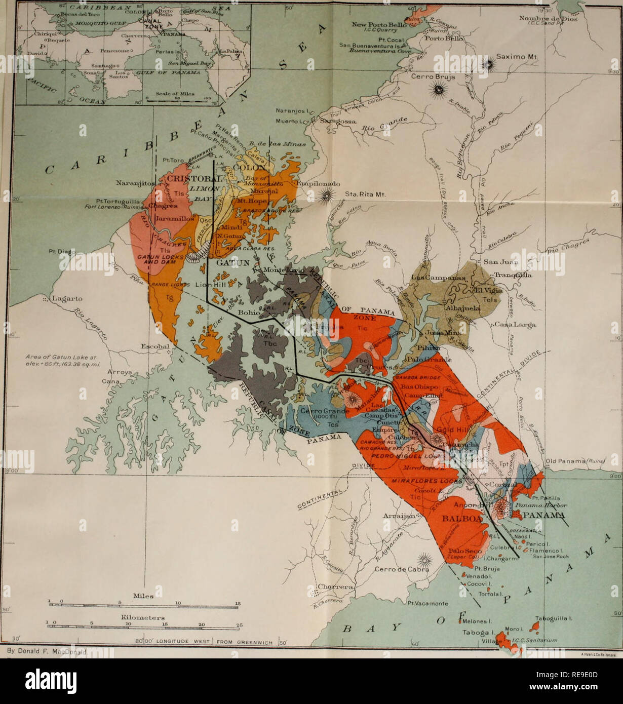 . Contributions to the geology and paleontology of the Canal Zone, Panama, and geologically related areas in Central America and the West Indies.. Paleontology; Paleontology; Paleontology. U. S. NATIONAL MUSEUM |[ : &gt;v. «^ BULLETIN 103 PLATE 153 .c^rtdTh^f '^&quot;'-'-^kW^AS,&quot; :}te«^?&quot;'*.. By Donald F. MacDonald. ase map by Isthmian Canal Commission GENERALIZED GEOLOGIC MAP OF THE CANAL ZONE TERTIARY Osc Tis 1111)3 a coibI flats limestone I'lcistocenf PHocevc Gatiin Caiiuilo formation sairdstoiie, tufls, eto. Emperador (ulebiaaii.i Bolilo eonglo- Basalt and Rhyolite iiiuestone t u Stock Photo