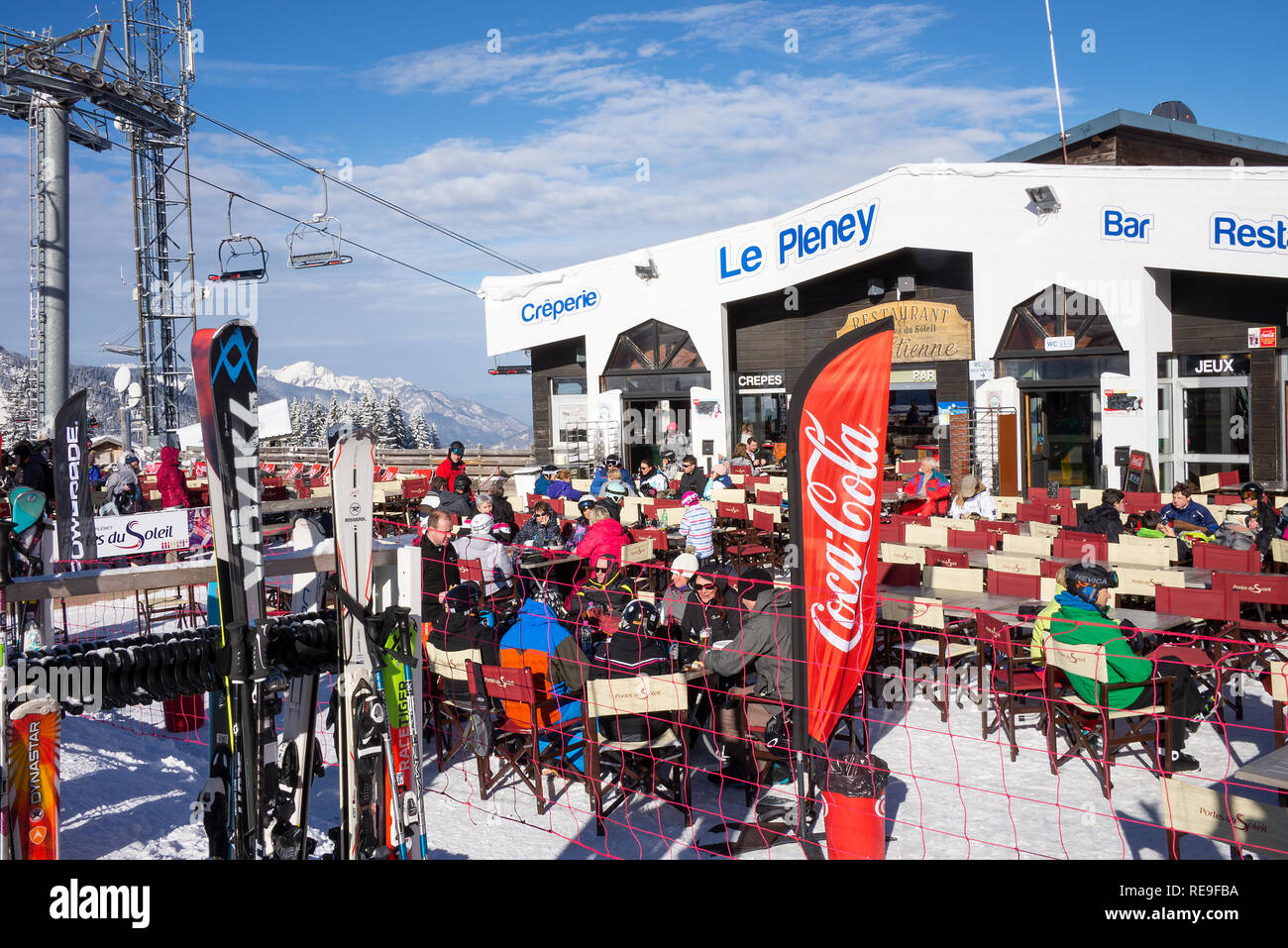 The Lovely Le Pleney Restaurant and Bar at the Top of the Gondola Above Morzine Ski Resort in French Alps Haute Savoie Portes du Soleil France Stock Photo