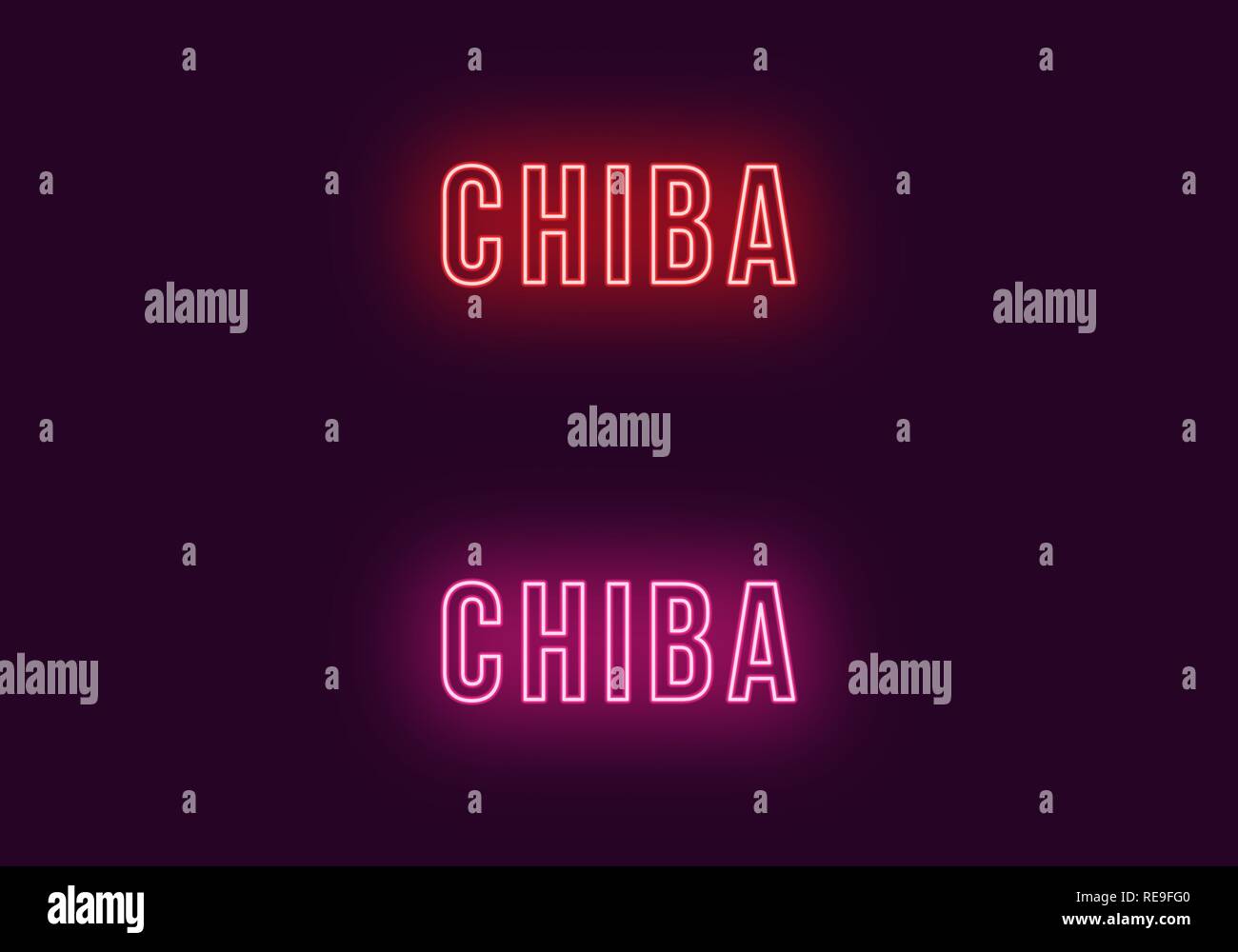 Neon name of Chiba city in Japan. Vector text of Chiba, Neon inscription with backlight in Bold style, red and pink colors. Isolated glowing title for Stock Vector
