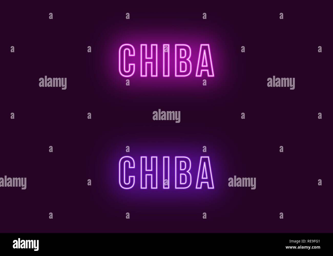 Neon name of Chiba city in Japan. Vector text of Chiba, Neon inscription with backlight in Bold style, purple and violet colors. Isolated glowing titl Stock Vector