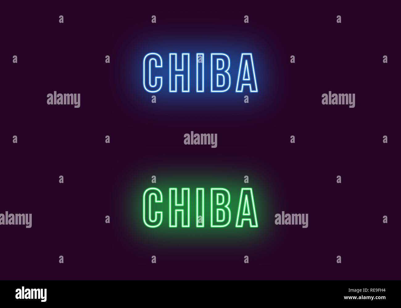 Neon name of Chiba city in Japan. Vector text of Chiba, Neon inscription with backlight in Bold style, blue and green colors. Isolated glowing title f Stock Vector