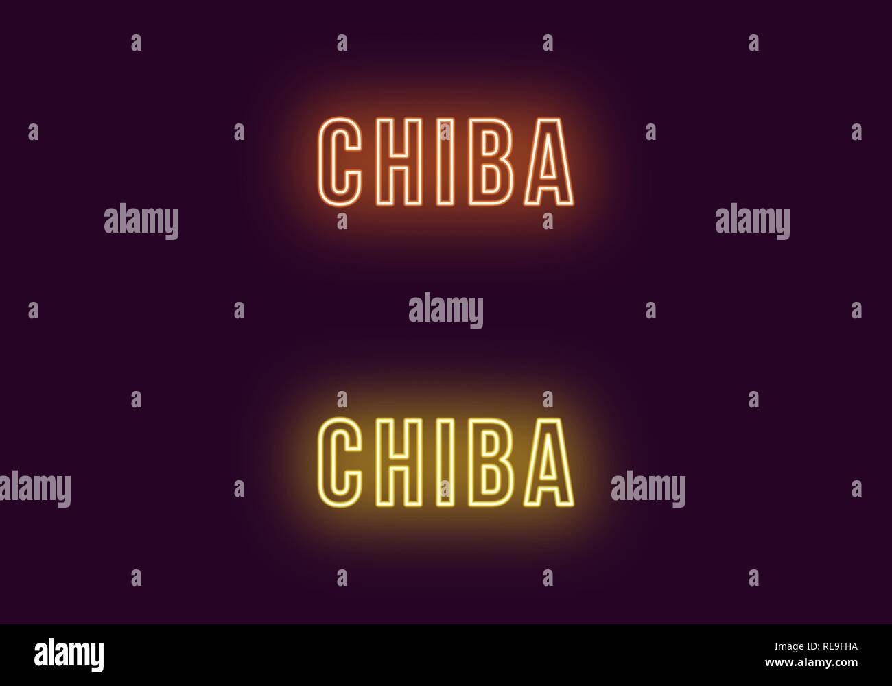 Neon name of Chiba city in Japan. Vector text of Chiba, Neon inscription with backlight in Bold style, yellow and orange colors. Isolated glowing titl Stock Vector
